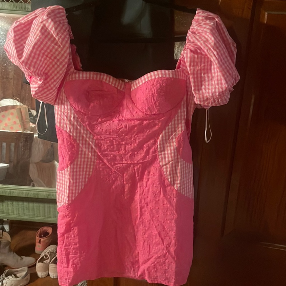 Precious pink gingham and eyelet mini dress